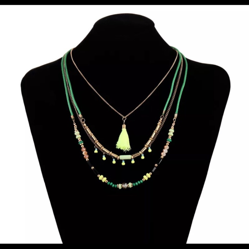 #sold Layered Boho Neon Yellow Necklace - Picture 2 of 5